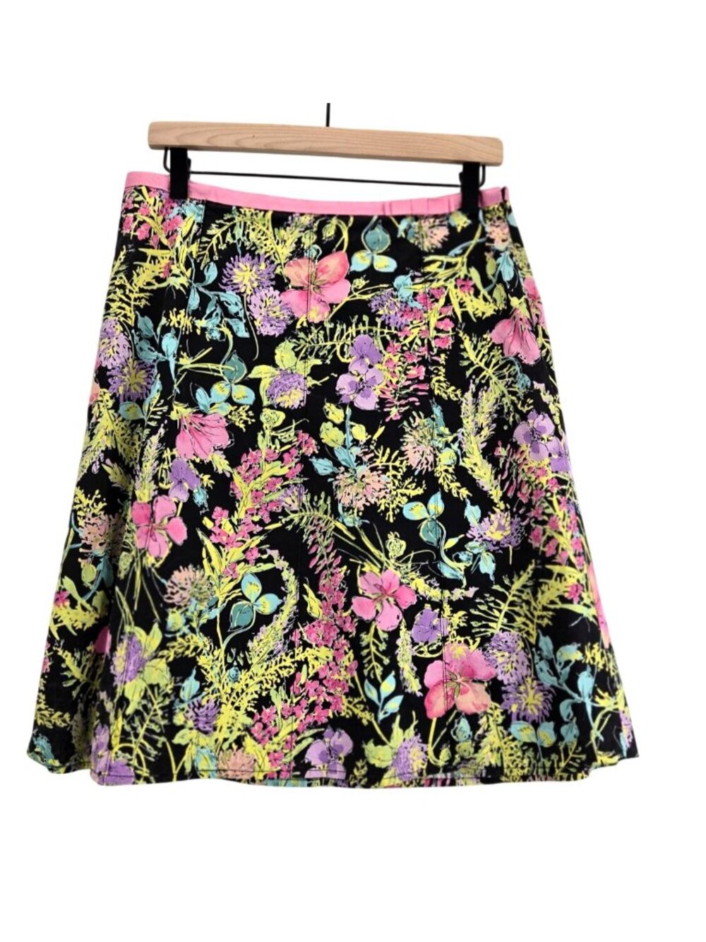 Floral Skirt Knee Length Black Pink A-Line Lined sz 10 Rafella Colorful Whimsy